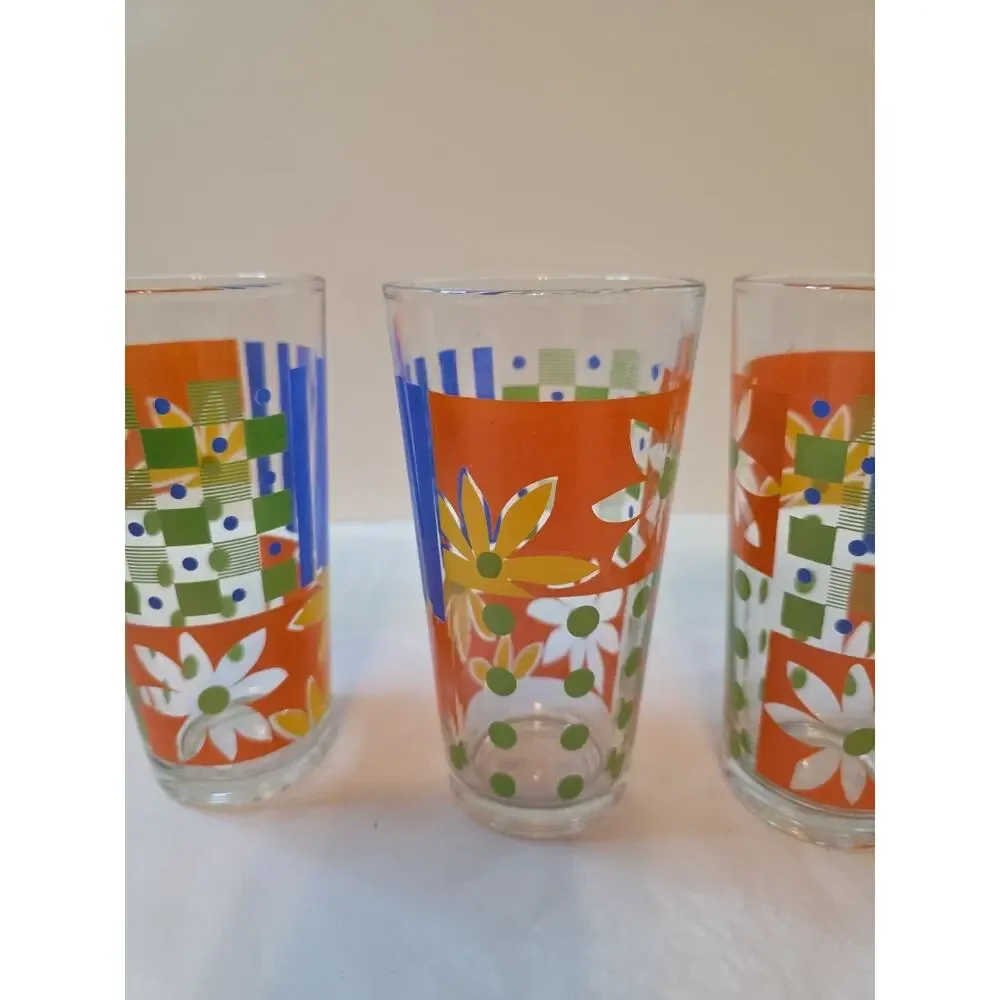 Vtg KIG Vertical Stripe Blue Green Clear MCM Drinking Glasses 12 oz Retro Kitsch